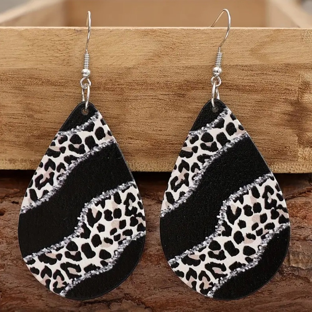 2/$25 Leopard Print Teardrop Earrings - Black and White Wooden NEW!